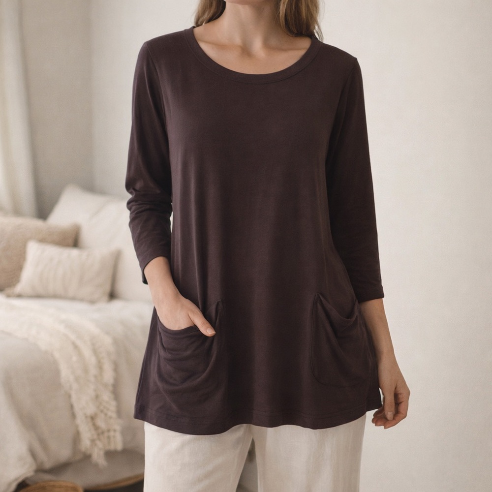 Pure Jill Brown Tunic Top Large Rayon Spandex Long Sleeve Lagenlook Pocket Tee